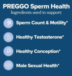 Aurenza Shop Preggo Sperm Health Capsules for Men, 60 vegan capsules, featuring supplement bottles and capsules on a white background.