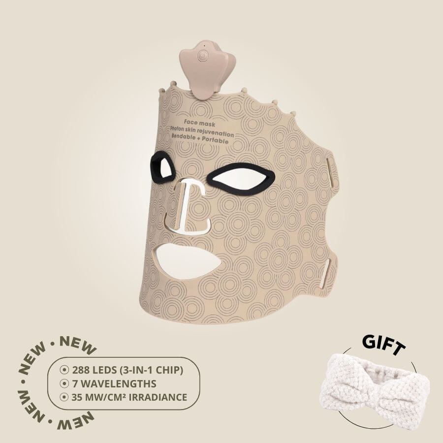 Aurenza Shop The Face Mask Light Therapy Gen.2 in gold, showing the sleek LED light therapy device for skin rejuvenation.