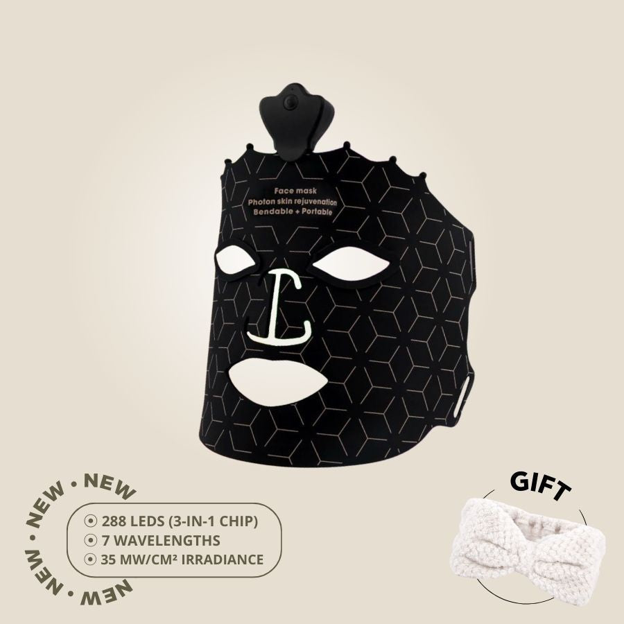 Aureza Shop Face Mask Light Therapy Gen 2 in gold, showing a sleek device with illuminated light therapy panels for skincare.