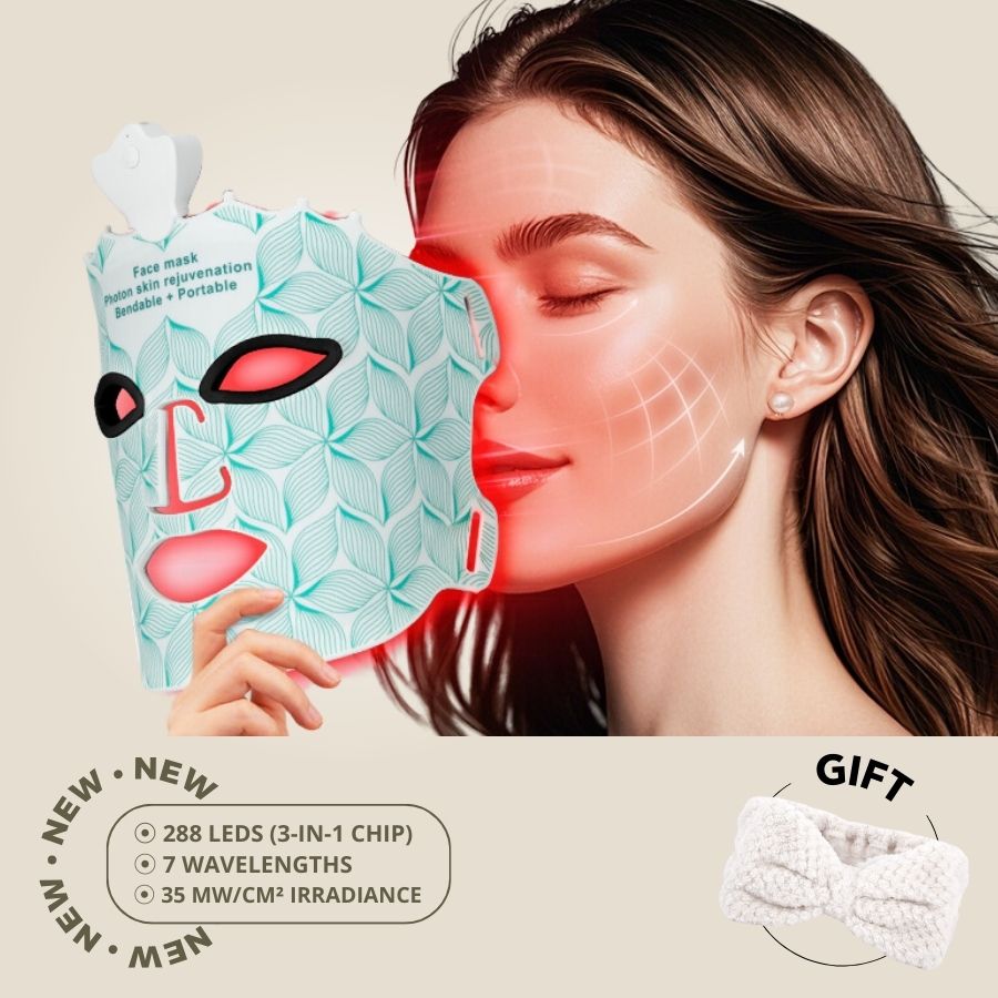 Aurenza Shop Face Mask Light Therapy Gen.2 in gold, showing the sleek, curved device designed for facial skin treatment.