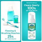 Two bottles of Aurenza Herbal TeethCare Mouthwash showing the herbal ingredients and label, promoting oral health and freshness.