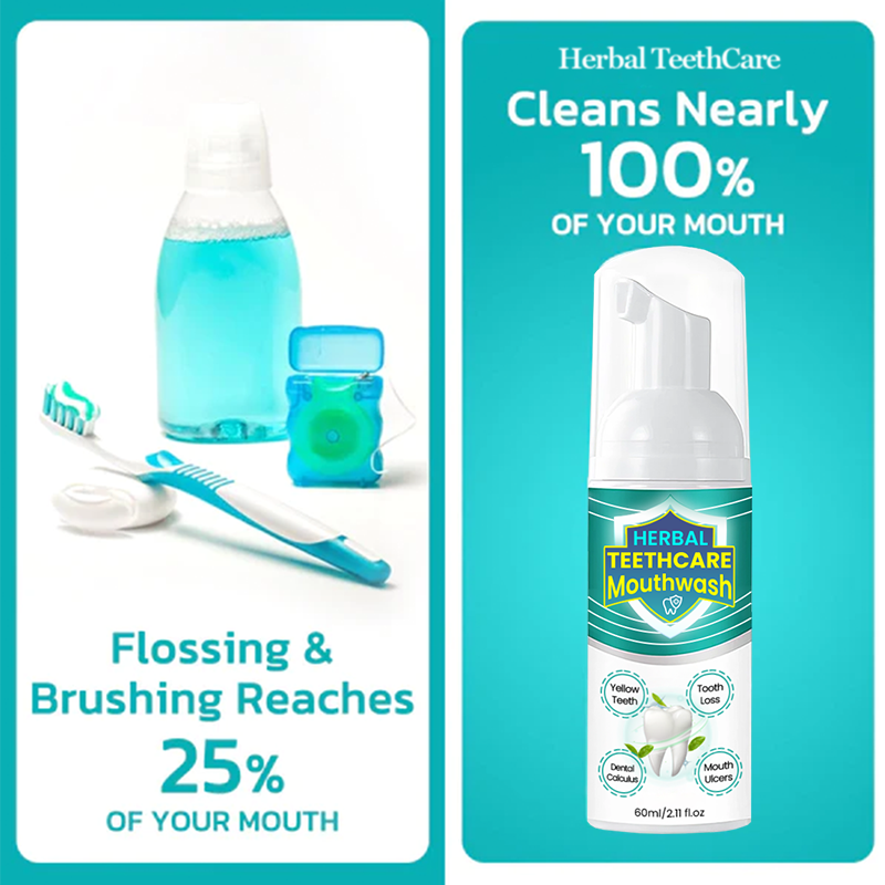 Two bottles of Aurenza Herbal TeethCare Mouthwash showing the herbal ingredients and label, promoting oral health and freshness.