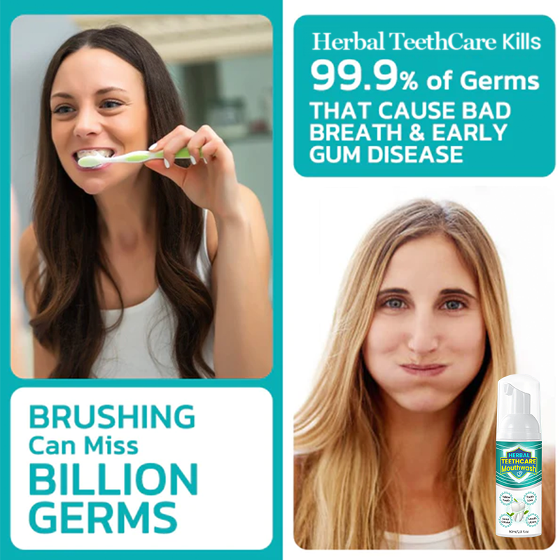 Two bottles of Aurenza Herbal TeethCare Mouthwash with natural herbal ingredients for oral health and fresh breath.