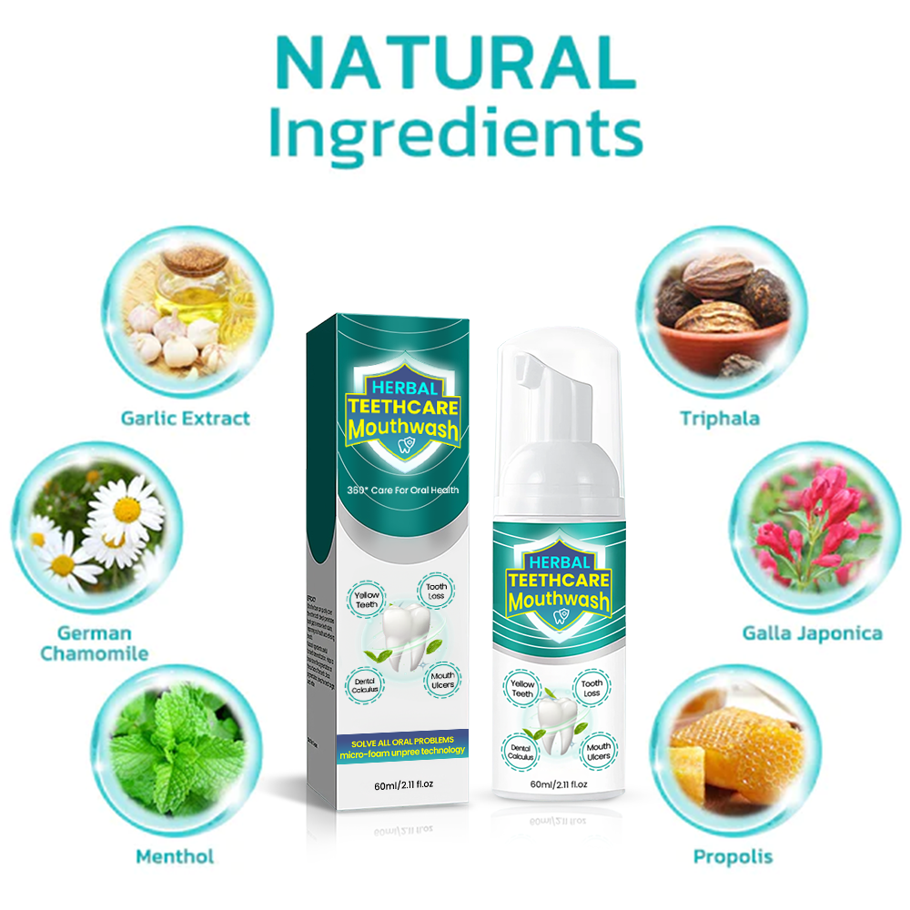 Two bottles of Aurenza Herbal TeethCare Mouthwash with natural herbal ingredients, designed to solve oral problems.
