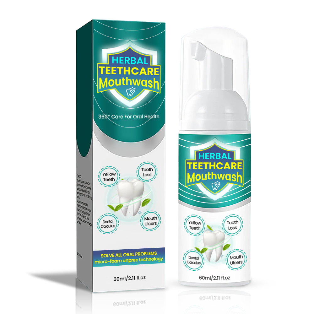 Two bottles of Aurenza Herbal TeethCare Mouthwash with herbal ingredients, designed to improve oral health and freshen breath.