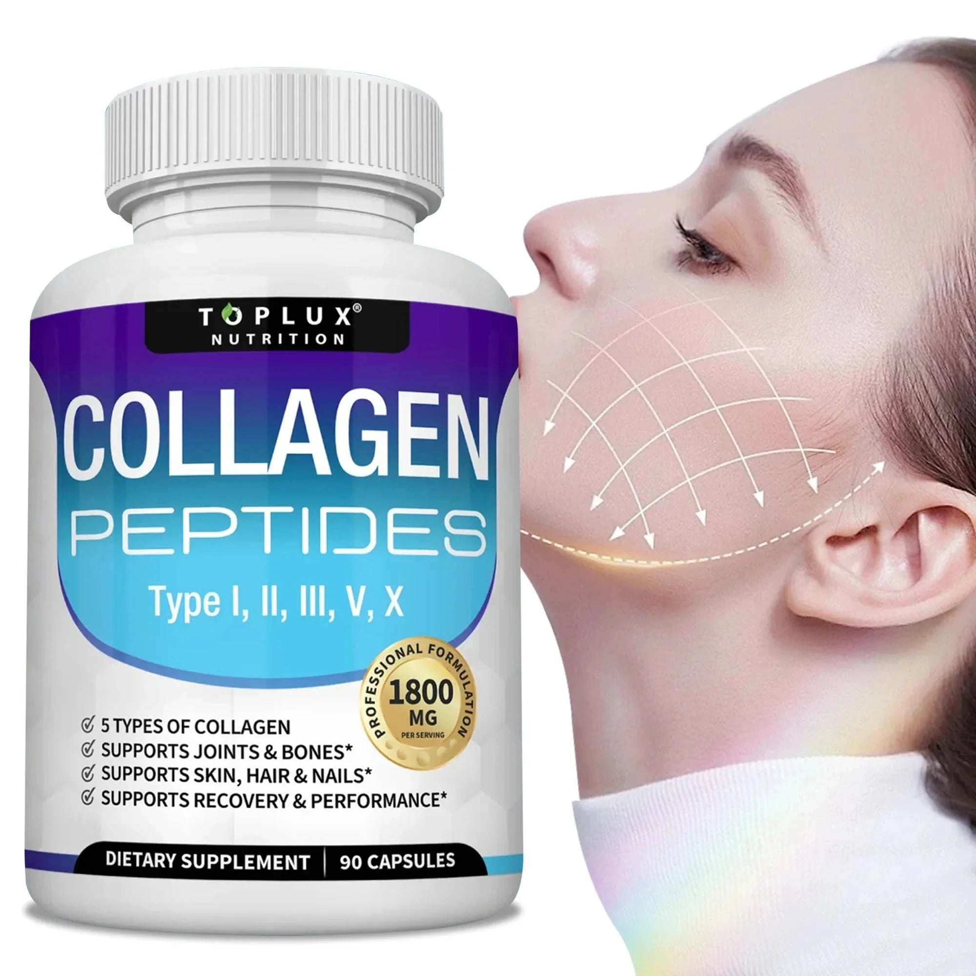 Two bottles of Aurenza Shop Collagen Peptides 1800mg capsules for hair, skin, anti-aging, joint, and bone health.
