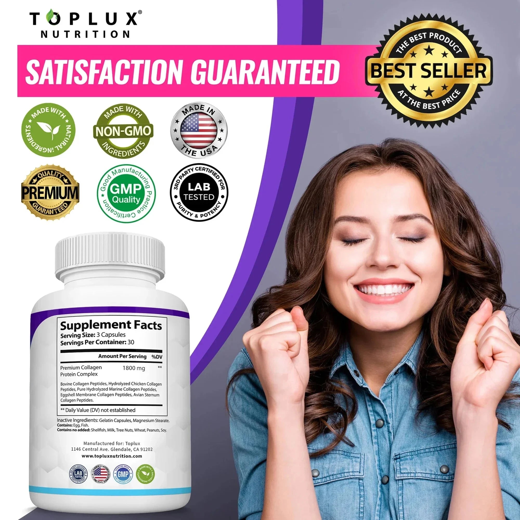 Two bottles of Aurenza Shop Collagen Peptides 1800mg capsules for hair, skin, anti-aging, joint, and bone health.