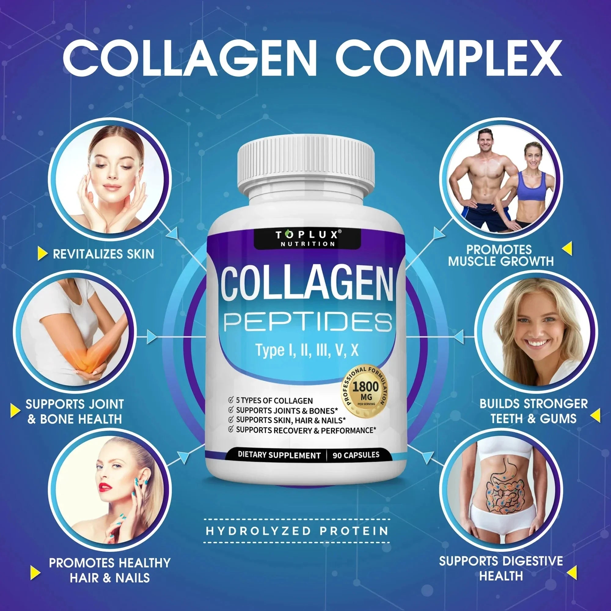 Two bottles of Aurenza Collagen Peptides 1800mg capsules for hair, skin, anti-aging, joint, and bone health.
