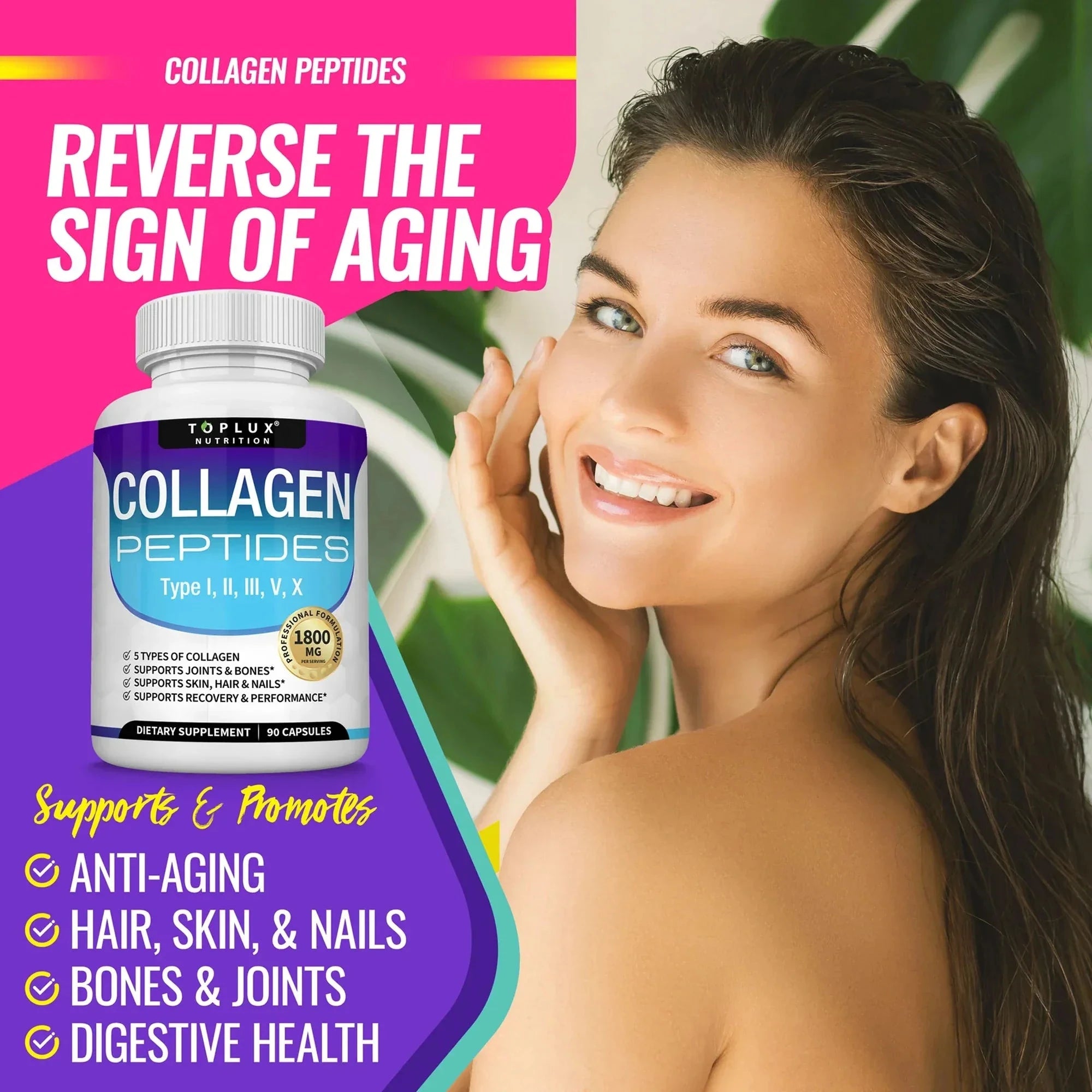 Two bottles of Aurenza Collagen Peptides 1800mg capsules for hair, skin, anti-aging, joint, and bone health, with capsules inside.
