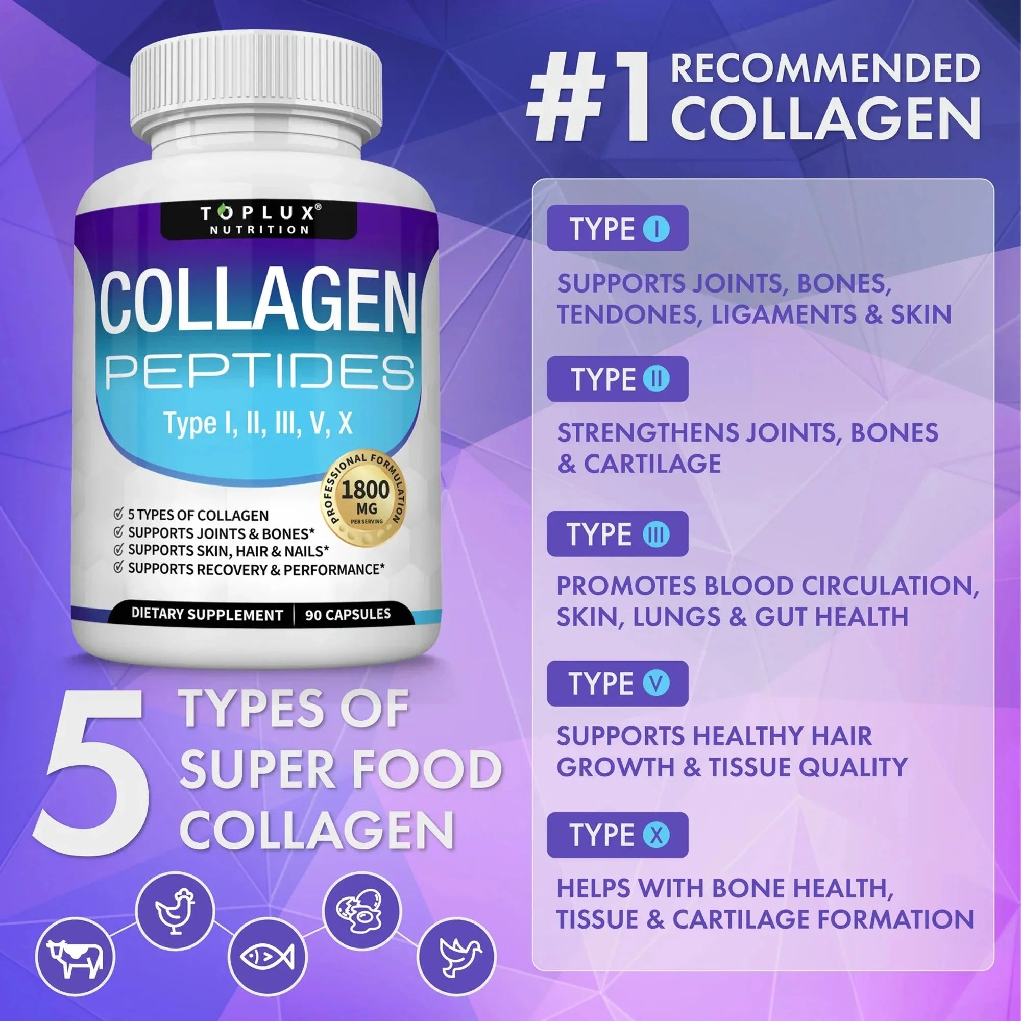 Two bottles of Aurenza Collagen Peptides 1800mg capsules for hair, skin, anti-aging, joint, and bone health.