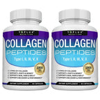 Two bottles of Aurenza Collagen Peptides 1800mg capsules for hair, skin, anti-aging, joint, and bone health with 90 capsules each.