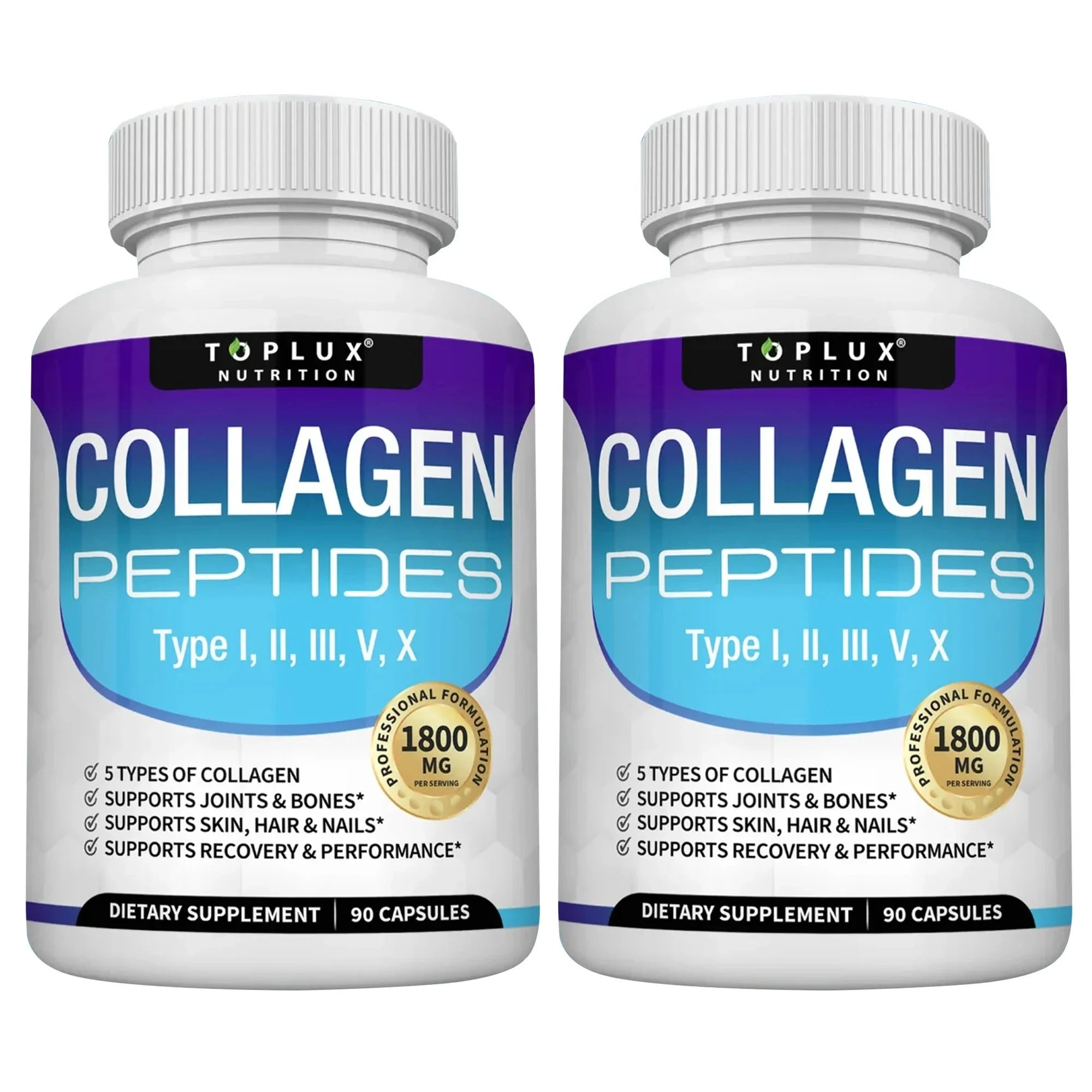 Two bottles of Aurenza Collagen Peptides 1800mg capsules for hair, skin, anti-aging, joint, and bone health with 90 capsules each.