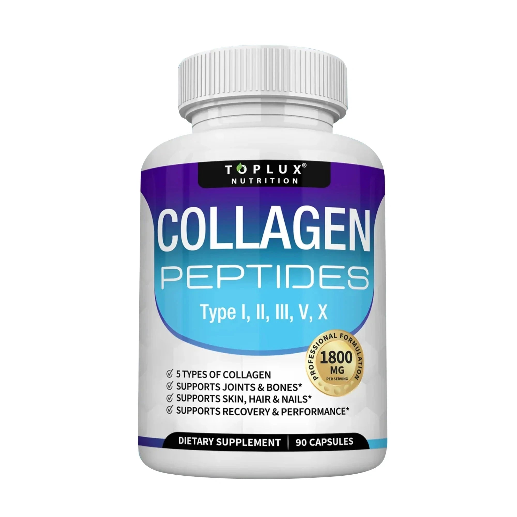 Two bottles of Aurenza Collagen Peptides with 1800mg, showing capsules, promoting hair, skin, anti-aging, joint, and bone health.