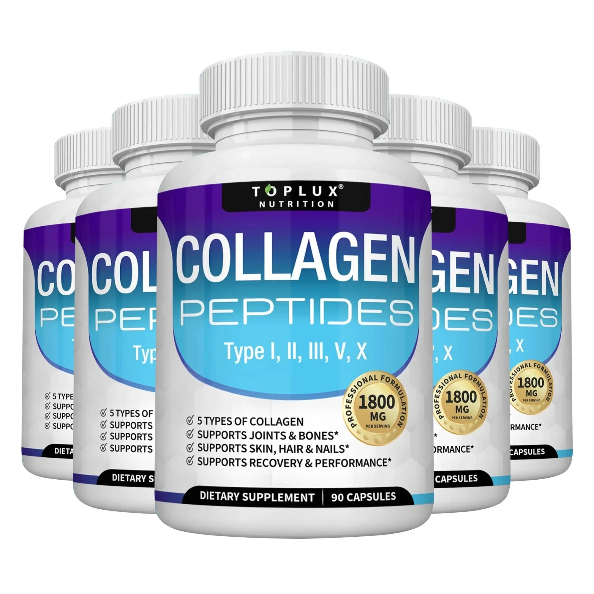 Two bottles of Aurenza Collagen Peptides 1800mg capsules for hair, skin, anti-aging, joint, and bone health.
