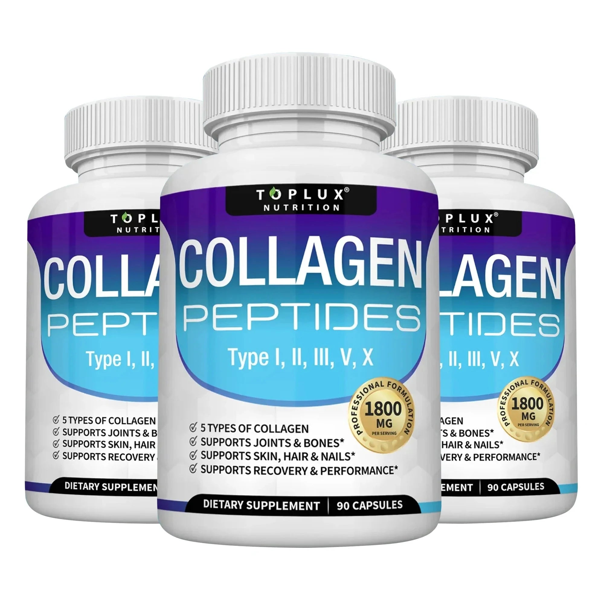 Two bottles of Aurenza Collagen Peptides 1800mg Capsules for hair, skin, anti-aging, joint, and bone health on a white background.