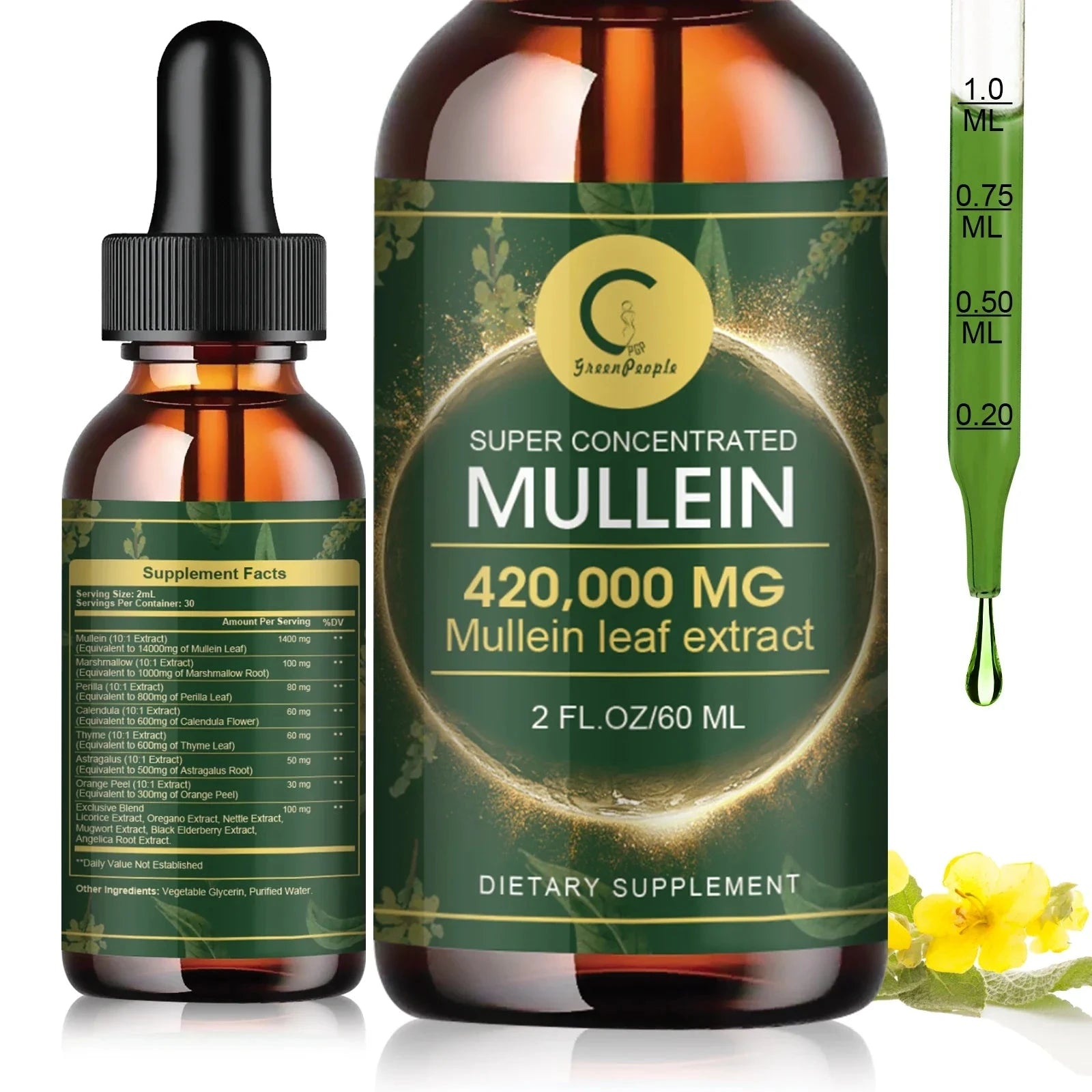 Two bottles of Aurenza Shop Mullein Drops for lung cleanse and immune support, featuring natural herbal ingredients for respiratory relief.