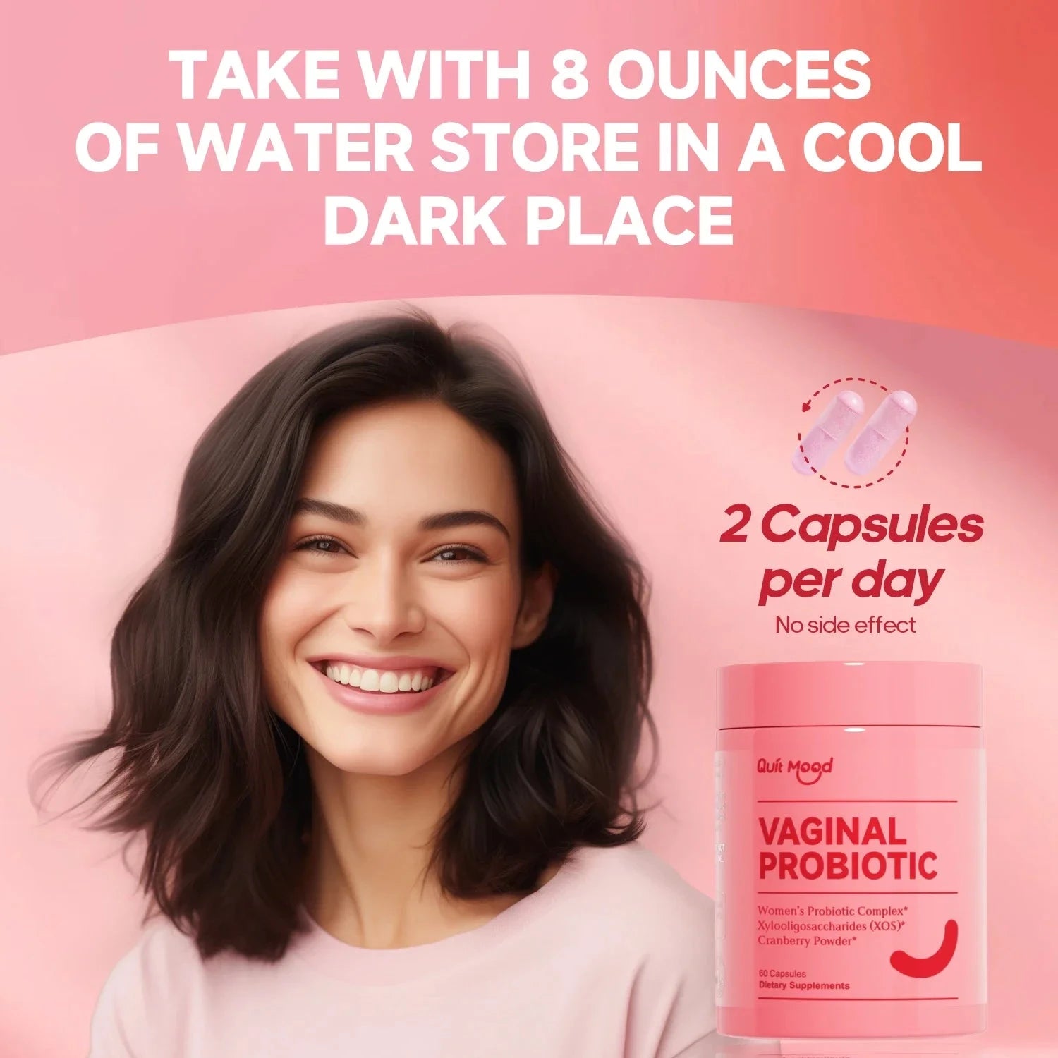 Two bottles of Aurenza Shop Quitmood Queen's female-focused daily probiotics for women, supporting pH balance, odor control, and yeast health.