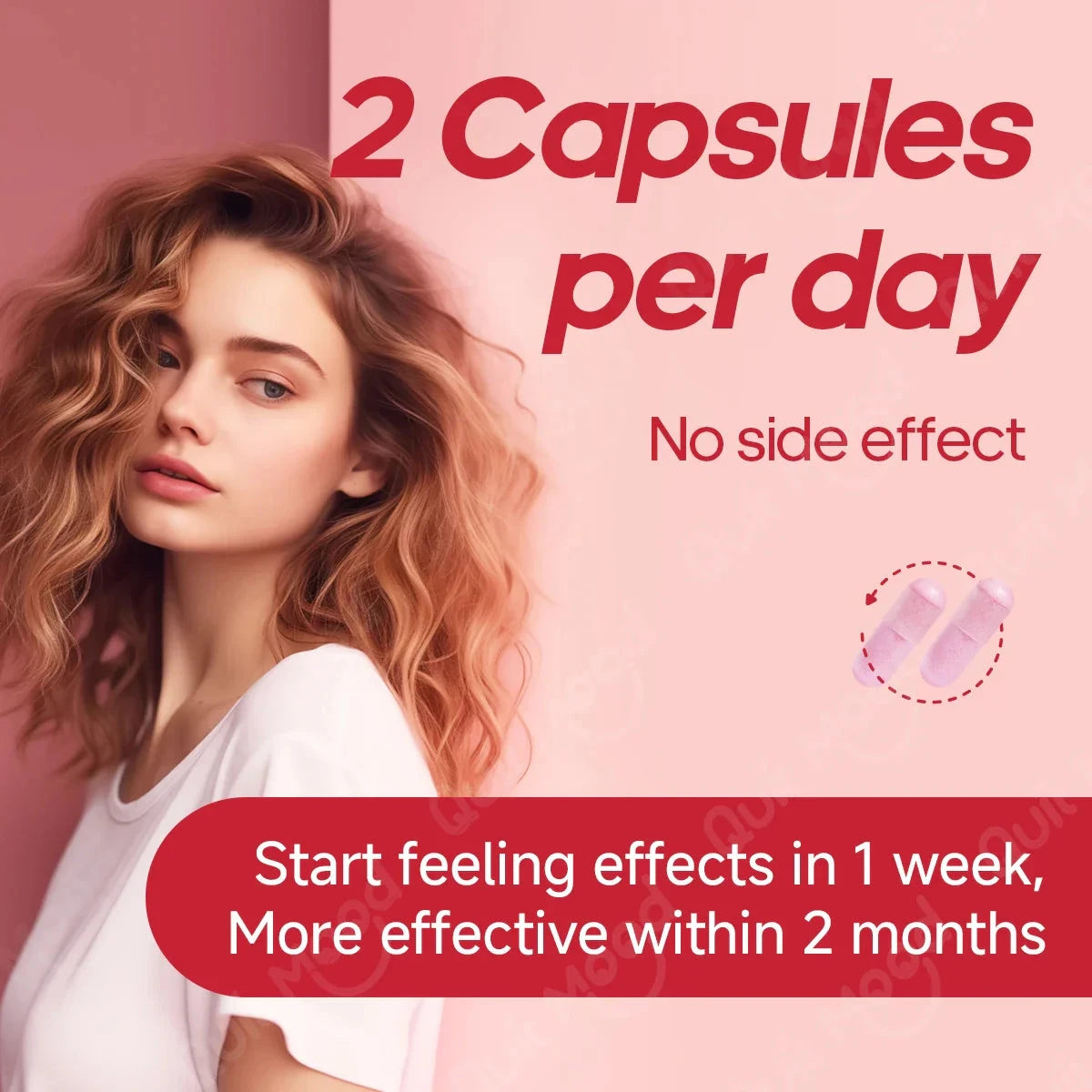 Two bottles of Aurenza Quitmood Queen's female-focused daily probiotic supplements for women, supporting pH balance and odor control.