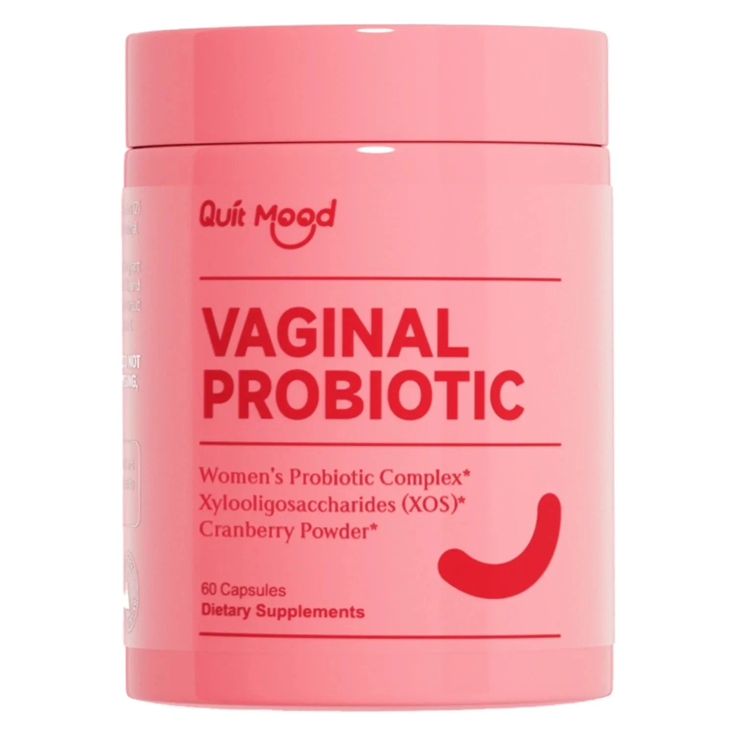 Two bottles of Quitmood Queen's Female-Focused V-Probiotics for women, supporting pH balance, odor control, and healthy flora.