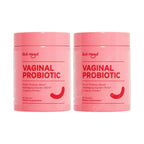 Two bottles of Quitmood Queen's female-focused daily V-probiotics for women, supporting pH balance, odor control, and healthy yeast flora.