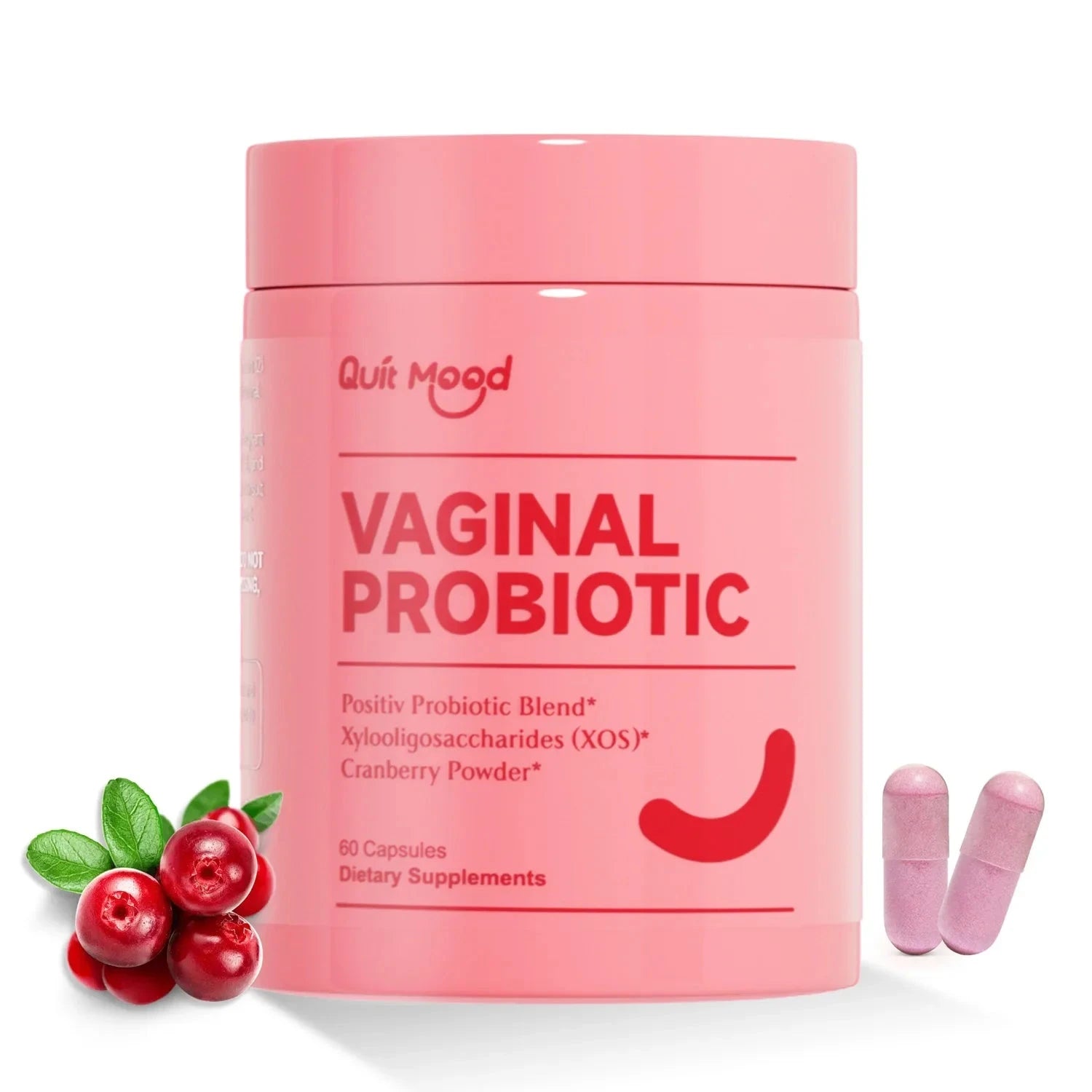 Two bottles of Quitmood Queen's female-focused daily V-probiotics by Aurenza Shop, featuring pH balance, odor control, and yeast support.