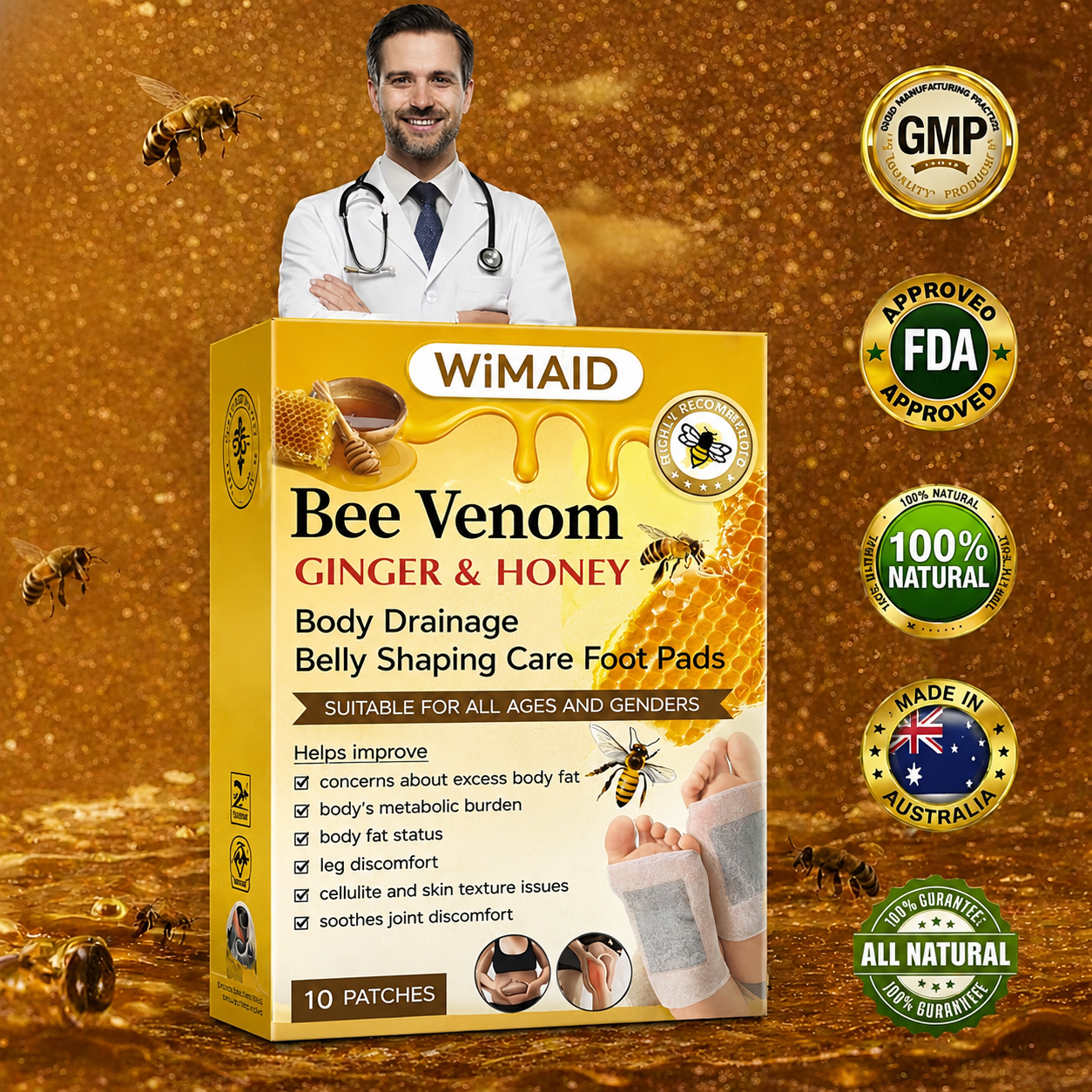 Set of two boxes of Aurenza Shop Bee Venom Ginger Herbal Foot Patches, natural herbal foot care treatment, 10 patches per box.