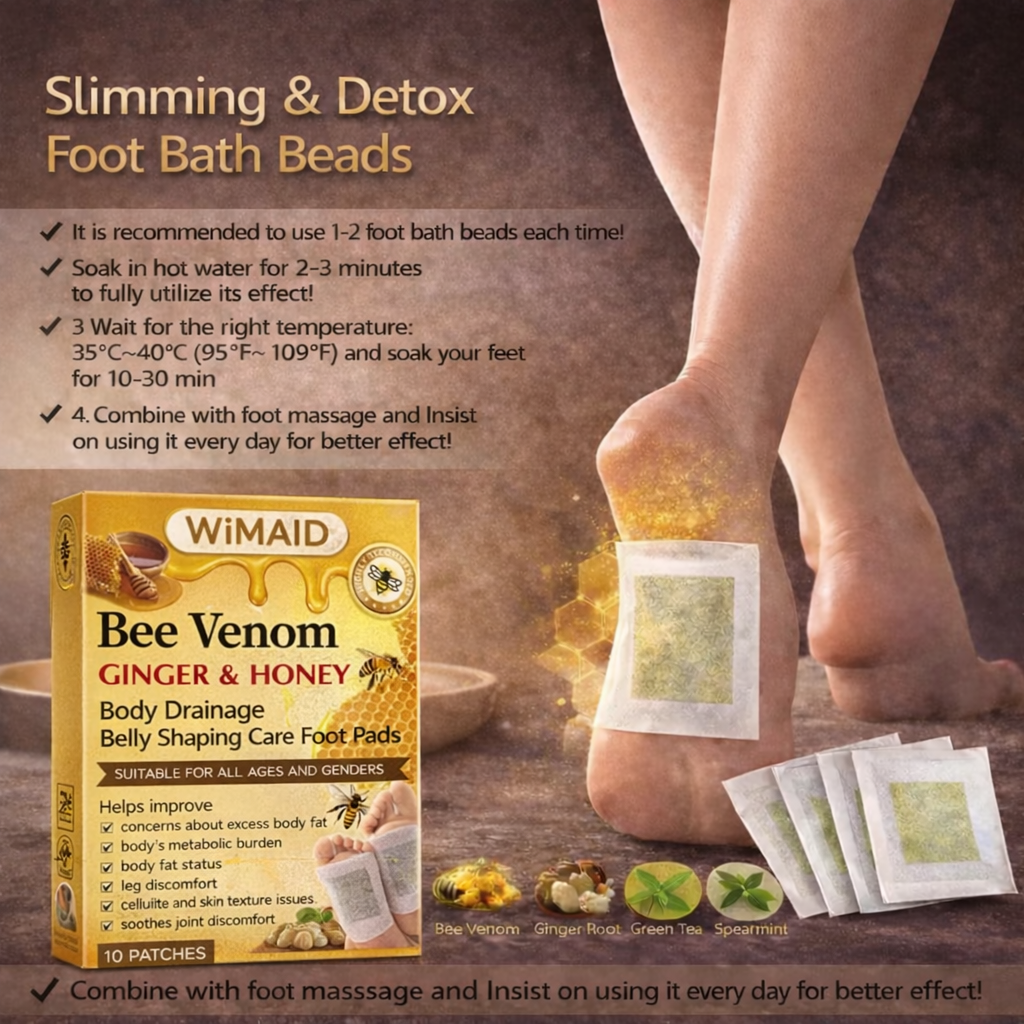 Two boxes of Aurenza Shop Bee Venom Ginger Herbal Foot Patches set, showing packaging and herbal ingredients.