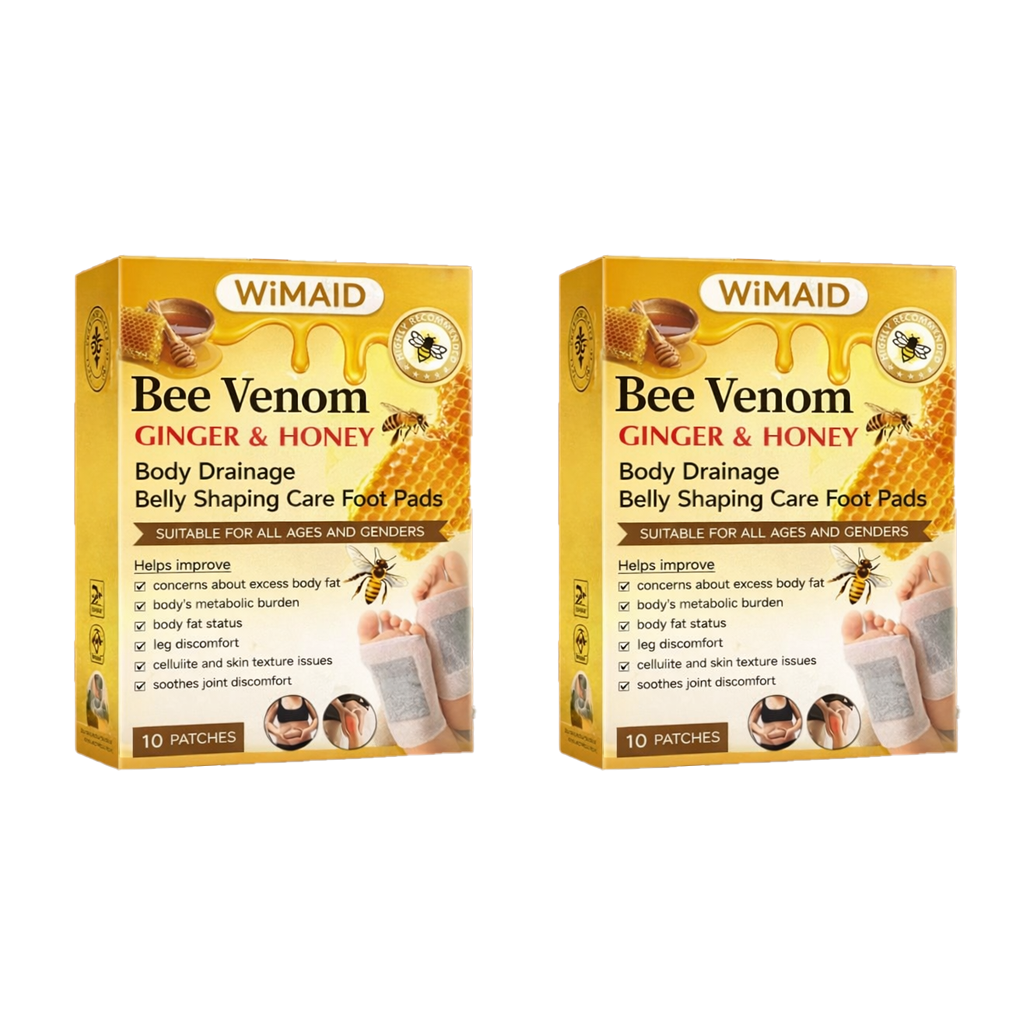 Set of two boxes of Aurenza Bee Venom Ginger Herbal Foot Patches, featuring herbal ingredients and natural foot care.