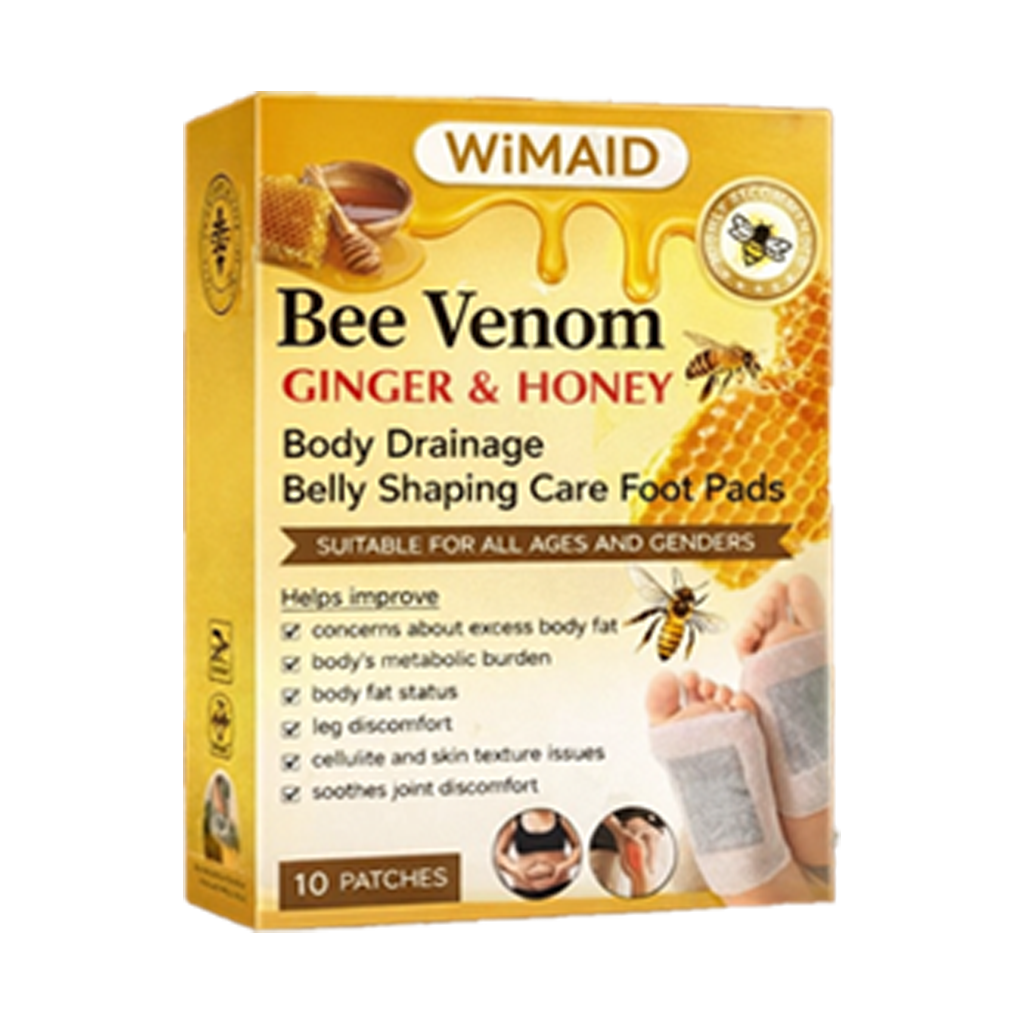 Two boxes of Aurenza Shop bee venom ginger herbal foot patches set of 10 with natural ingredients and herbal design.