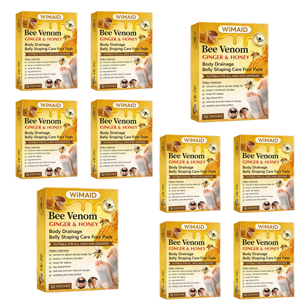 Aurenza Shop Bee Venom Ginger Herbal Foot Patches set of 10 boxes with packaging and herbal ingredients visible.