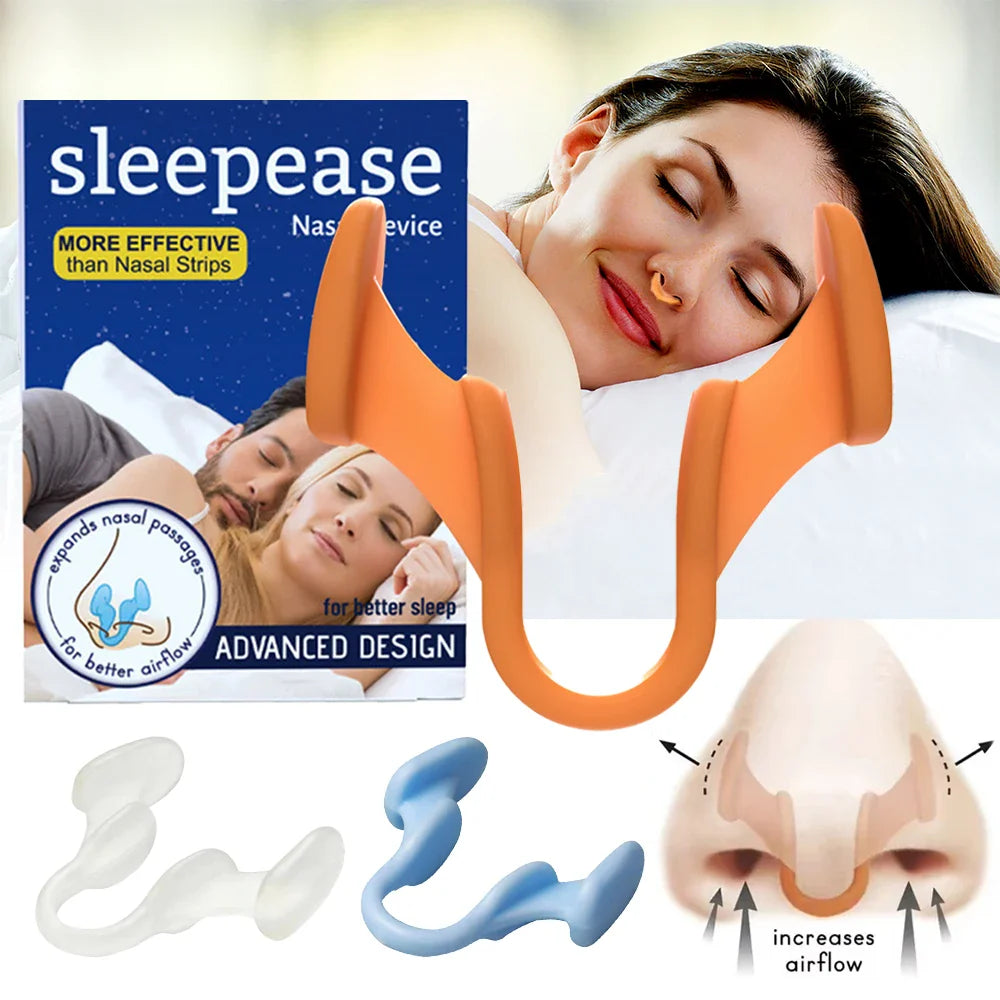 Two white silicone nose clips for anti-snoring nasal dilation, designed to help improve breathing and reduce snoring.
