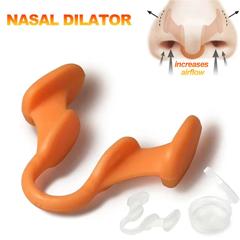 Two white silicone nose clips from Aurenza Shop designed to reduce snoring and improve breathing for better sleep.