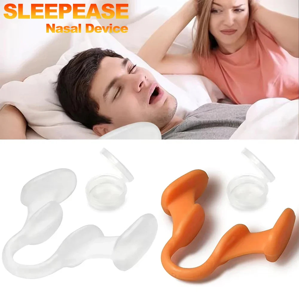 Two white silicone nose clips for anti-snoring nasal dilation, designed to improve breathing and reduce snoring during sleep.