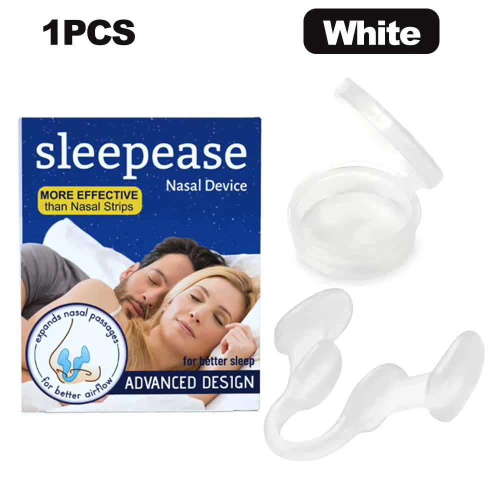 Two white silicone nose clips by Aurenza Shop for anti-snoring and nasal dilation to improve breathing and sleep comfort.