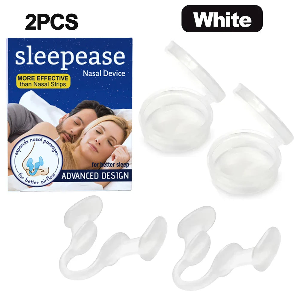 Two white silicone nose clips for anti-snoring nasal dilation to improve breathing and reduce snoring.