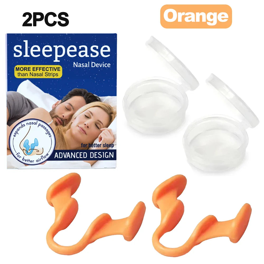 Two white silicone nose clips for anti-snoring nasal dilation, designed to improve breathing and reduce snoring.