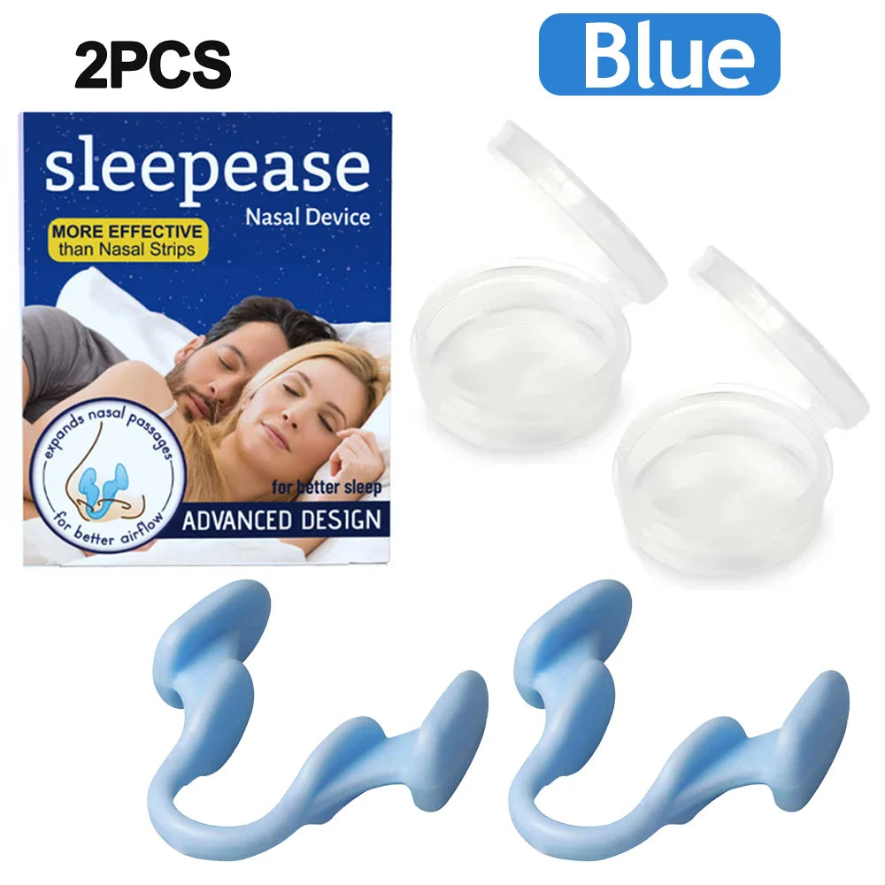 Two white silicone nose clips for anti-snoring nasal dilation, designed to help improve breathing and reduce snoring.