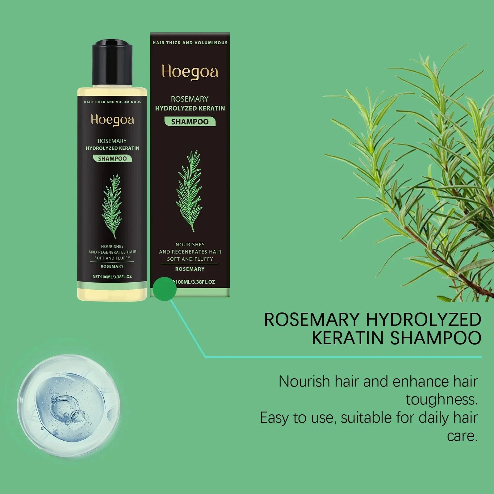 Aurenza Hoegoa Rosemary Hair Shampoo with hair oil, volumizing, thickening, strengthening, and oil control for healthy, nourished hair.