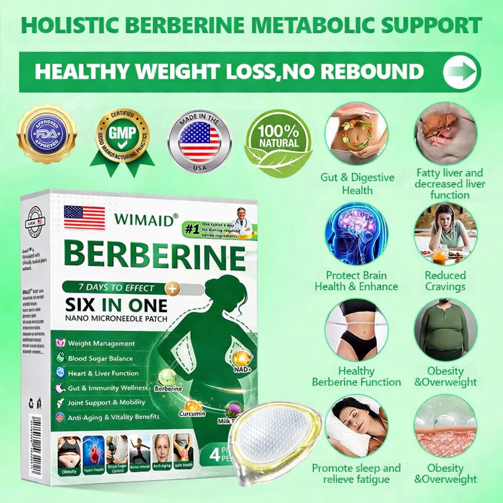 Four boxes of Aurenza Shop US Doctor Recommended Berberine 6-in-1 Nano Microneedle Patch, arranged in a display.
