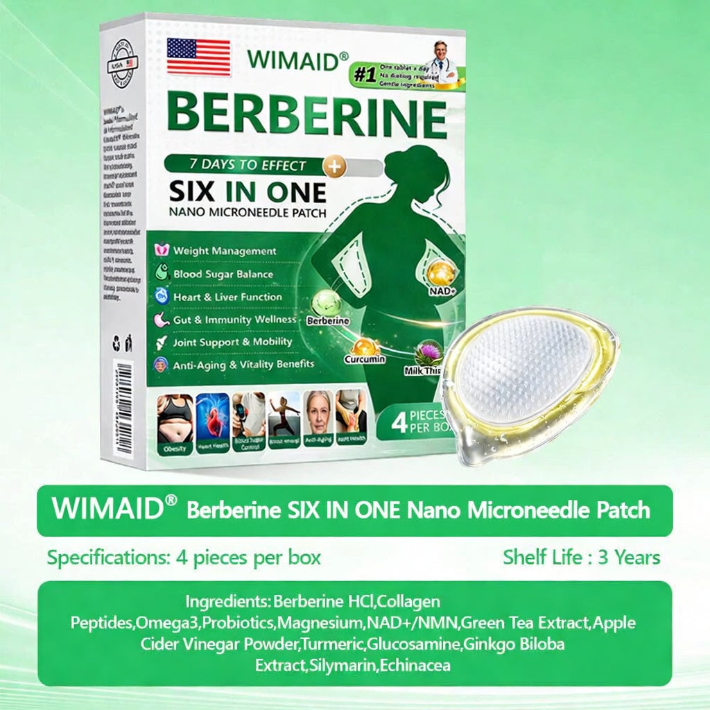 Four boxes of Aurenza Shop USA Doctor Recommended Berberine 6-in-1 Nano Microneedle Patch, showing packaging and product labeling.