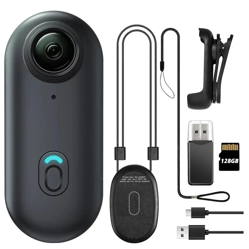 Aurenza Mini Body Camera with helmet mount, full HD, WiFi, 128GB storage, compact design for motorcycle and sports action filming.