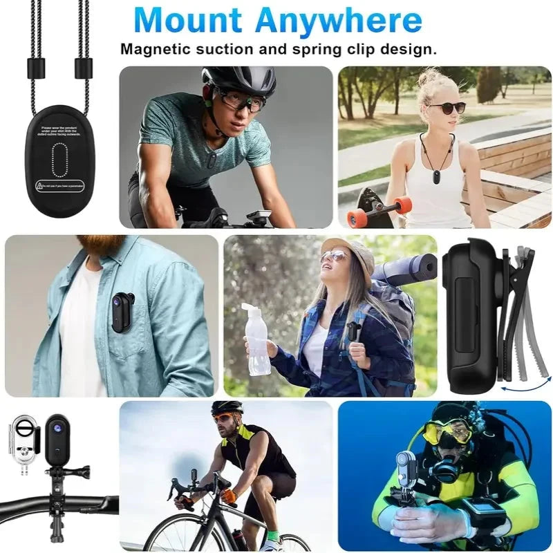 Aurenza Mini Body Camera in black with helmet mount, full HD action footage, 128GB storage, WiFi, designed for motorcycle and sports use.