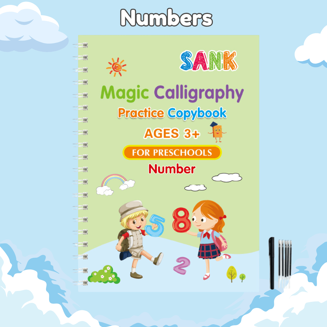 Aurenza Shop TinyBuddy Handwriting Practice Kit with four colorful practice sheets and pencils for kids learning handwriting.