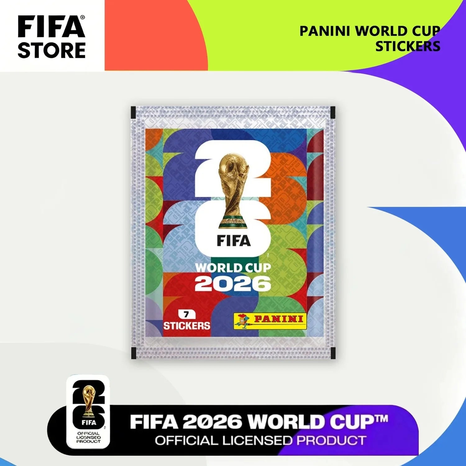 Aurenza Shop Panini FIFA World Cup 2026 official sticker collection box with 50 packs of football star stickers and albums.