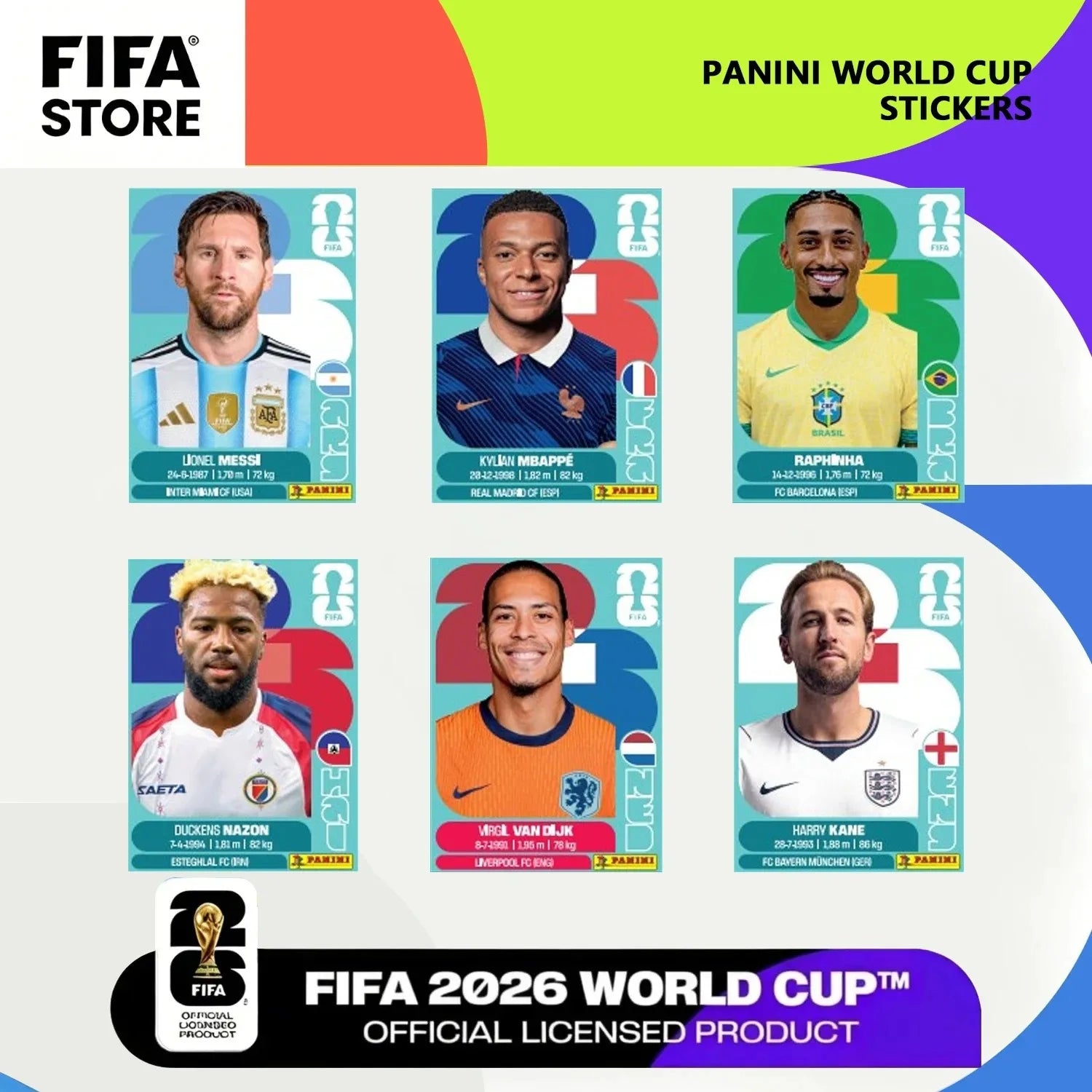 Official Panini FIFA World Cup 2026 sticker collection box with big football star stickers and albums by Aurenza Shop.