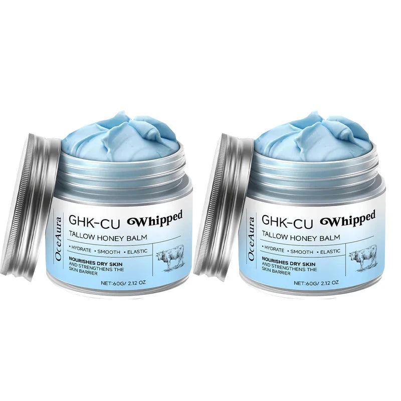 Blue Manuka honey and copper peptide GHK-Cu balm in a jar, moisturizing face and body for mature, dry, and sensitive skin.