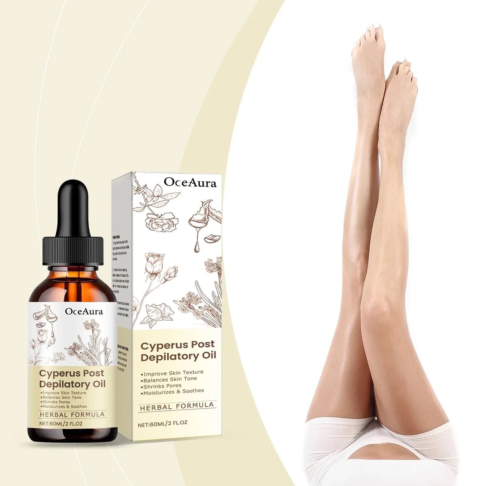Aurenza Cyperus Rotundus Hair Removal Care Oil in 60ml bottle, moisturizing and smoothing depilatory oil for legs and arms.