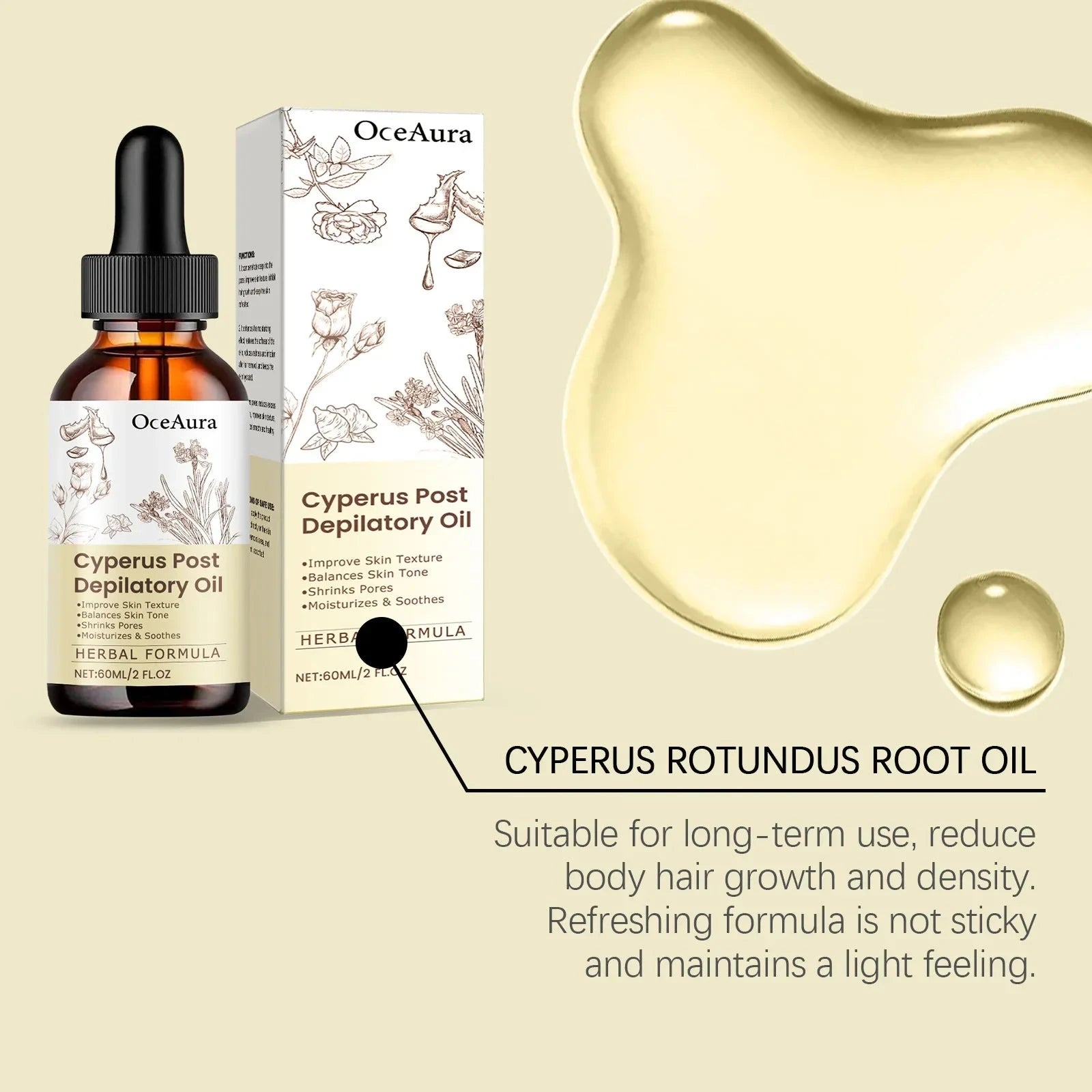 Aurenza Cyperus Rotundus Hair Removal Oil in 60ml bottle, featuring natural ingredients for hair growth inhibition and skin soothing.