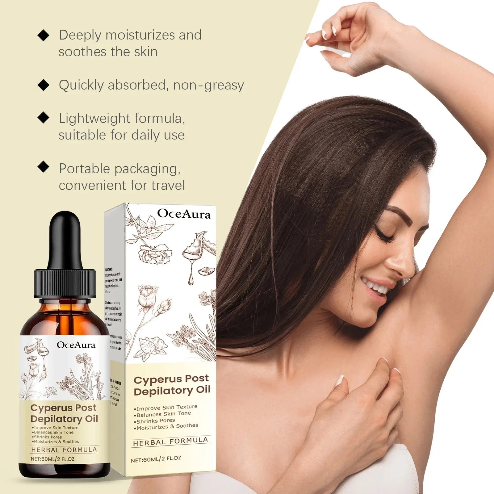 Aurenza Cyperus Rotundus Hair Removal Care Oil in a 60ml bottle, designed to inhibit hair growth, reduce redness, and moisturize skin.