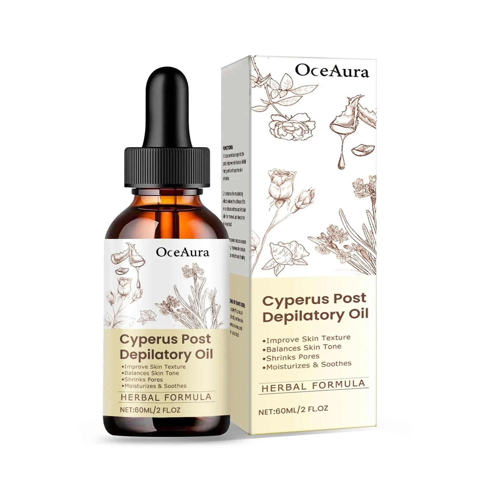 Aurenza Cyperus Rotundus Hair Removal Care Oil bottle with packaging, designed to inhibit hair growth and soothe skin on legs and arms.